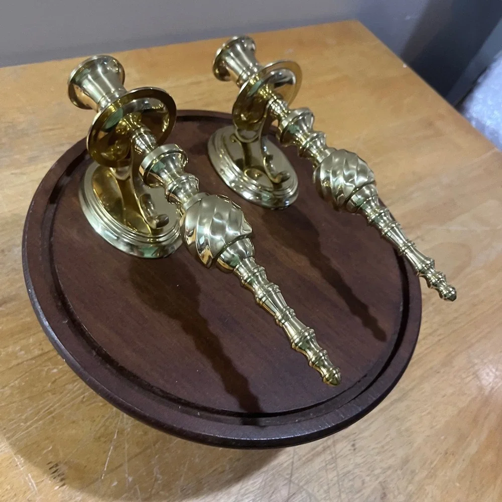Vtg Brass Wall Sconce Candle Holder Pair Spindle Swirl Regency Colonial Gold 10